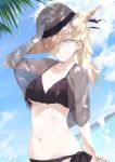  1girl bikini black_bikini blonde_hair blue_eyes blue_sky cloud collarbone commentary_request cowboy_shot frilled_bikini frills hair_between_eyes hat kantai_collection long_hair looking_at_viewer mikage_takashi mole mole_under_eye mole_under_mouth navel palm_leaf richelieu_(kantai_collection) side-tie_bikini sky solo straw_hat sun_hat swimsuit 