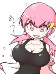  1girl akane_(pokemon) black_tank_top bouncing_breasts breasts bright_pupils commentary_request eyebrows_visible_through_hair hair_ornament highres kurachi_mizuki pink_eyes pink_hair pokemon sweat tank_top translation_request twintails white_background white_pupils 