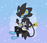  2020 ambiguous_gender anthro black_body black_fur black_hair blue_body blue_fur chest_tuft clothing felid fingers fleetwoodbrak fur hair hi_res luxray luxury mammal markings multicolored_body multicolored_fur nintendo pok&eacute;mon pok&eacute;mon_(species) pok&eacute;morph red_nose red_sclera signature solo toes tuft video_games yellow_eyes yellow_inner_ear yellow_markings 