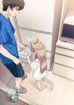  1boy 1girl 40hara animal_ears aqua_eyes bangs barefoot black_hair blue_shirt cat_ears cat_tail cup highres ice indoors kinako_(40hara) light_brown_hair long_hair original shirt short_sleeves slippers standing t-shirt tail water white_shirt 