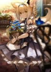  1girl animal_ears arknights blue_flower blurry blurry_foreground braid depth_of_field dress flower flower_pot fox_ears fox_girl fox_tail frilled_dress frills hair_rings hairband highres holding konome_noi long_hair looking_at_viewer multiple_tails ore_lesion_(arknights) plant potted_plant shoulder_cutout solo standing suzuran_(arknights) tail wrist_cuffs 