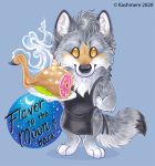  2020 4_fingers 4_toes anthro apron canid canine canis clothed clothing digital_media_(artwork) fingers food fur grey_body grey_fur kashmere looking_at_viewer male mammal meat smile solo toes wolf 