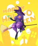  2019 anthro avian beak beverage big_breasts bird bra breasts broom broom_riding clothing corvid corvus_(genus) curvy_figure female halloween hat headgear headwear hi_res holding_beverage holding_glass holding_object holidays legwear navel non-mammal_breasts oscine passerine purple_body raven slightly_chubby smile solo stockings sulcate thick_thighs underwear voluptuous witch_hat 