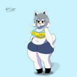  1:1 4_ears anthro belly big_breasts bottomwear breasts canid canine cleavage clothed clothing crop_top english_text felid feline female footwear fur grey_hair h_s_temmie hair hi_res mammal multi_ear navel nipple_outline orange_eyes overweight overweight_anthro overweight_female shirt shoes shorts signature smile solo standing tem temmie_(undertale) text thick_thighs topwear undertale video_games white_body white_fur wide_hips 