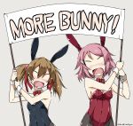  2girls animal_ears bangs banner bare_shoulders black_leotard blush bow bowtie breasts brown_hair bunny_ears bunny_girl bunnysuit commentary dated detached_collar english_text facing_viewer grey_background hair_between_eyes hair_ornament hair_ribbon hairclip highres leotard lisbeth medium_breasts medium_hair more_deban multiple_girls no_eyes pantyhose pink_hair rectangular_mouth red_leotard red_ribbon ribbon shikei signature silica simple_background sword_art_online twintails v-shaped_eyebrows wrist_cuffs 