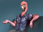  2020 5_toes anthro avian bird clothed clothing dannonitan digital_media_(artwork) eyewear feathers flamingo glasses hi_res male pink_body pink_feathers sitting solo toes 