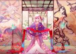  3girls armlet armor bangs bikini_armor black_hair breasts candle cleavage collar dual_persona earrings facial_mark fate/extra fate/extra_ccc fate/grand_order fate_(series) floral_print forehead_mark hair_ribbon halo highres horn_ornament horn_ring horns japanese_clothes jewelry kama_(fate/grand_order) kimono large_breasts layered_clothing layered_kimono long_hair long_sleeves looking_at_viewer metal_collar multiple_girls navel obi open_mouth parted_bangs pink_kimono purple_kimono red_eyes ribbon sakuramochi1003 sash sesshouin_kiara short_hair shouji silver_hair sliding_doors small_breasts smile thighlet thighs very_long_hair wavy_hair wide_sleeves 