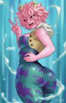  1girl ashido_mina ass blush bodysuit boku_no_hero_academia breasts cropped_jacket darwin_nunez highres looking_at_viewer open_mouth pink_hair pink_skin smile solo v 