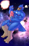  2020 absurd_res anthro avian balls bird blue_body blue_fur falco_lombardi fur genitals hi_res macro male manyu1085 muscular muscular_anthro muscular_male nintendo open_mouth penis planet solo space star star_fox sun togepi1125 tongue tongue_out video_games 