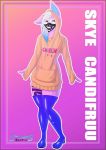  anthro blue_body blue_fur boots clothing felid feline footwear fur girly hair hi_res highlights_(coloring) hoodie hybrid k/da long_ears long_hair looking_at_viewer male mammal mask oversized_hoodie pink_body pink_eyes pink_fur reptile scalie simple_background snake solo stratums tattoo thick_thighs topwear 