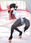  2017 4_toes anthro bed black_body black_fur black_hair bulge butt canid canine canis claws clothed clothing digital_media_(artwork) feet fingers fluffy fluffy_tail fur furniture hair hi_res looking_at_viewer male mammal on_bed pawpads paws pillow pillow_hug purple_eyes shirt smile solo toe_claws toes topwear underwear viskasunya wolf 