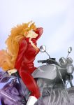  absurd_res anthro big_breasts biker blue_eyes breasts canid canine cleavage clothed clothing female fox fur hair hi_res mammal motorcycle nukisan_wolf orange_hair solo tan_body tan_fur tight_clothing vehicle 