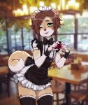  &lt;3 2018 5_fingers ambiguous_gender anthro biped blurred_background brown_hair canid canine canis clothed clothing curled_tail digital_media_(artwork) domestic_dog dress eyeliner fingers flaffy_(viskasunya) fluffy fluffy_tail fur gesture girly green_eyes hair hand_heart hi_res inside legwear maid_uniform makeup mammal one_eye_closed open_mouth photo_background restaurant smile solo thigh_highs uniform viskasunya wink 