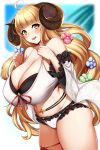  1girl absurdres ahoge anila_(granblue_fantasy) bangs bikini blonde_hair blunt_bangs breasts cleavage commentary_request detached_sleeves draph eyebrows_visible_through_hair granblue_fantasy highres horns kusahagane large_breasts long_hair looking_at_viewer sheep_horns solo swimsuit thick_eyebrows thighs white_bikini wide_sleeves yellow_eyes 