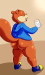  2020 anthro big_butt black_nose bottomless butt clothed clothing conker conker&#039;s_bad_fur_day eyes_closed fluffy fluffy_tail footwear fur glass hi_res hoodie kiffy_(artist) male mammal milk orange_body orange_fur raised_tail rareware rodent sciurid shoes simple_background smile solo tongue tongue_out topwear tree_squirrel video_games wide_hips 