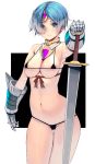  1girl aqua_eyes aqua_hair armor bangs bikini bikini_armor breasts eyebrows_visible_through_hair facing_viewer forehead_protector gauntlets highres holding holding_sword holding_weapon masao medium_breasts micro_bikini navel original parted_bangs rei_no_himo short_hair solo swimsuit sword two-tone_background weapon 