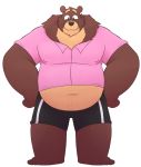  2020 anthro belly bottomwear brown_body brown_fur cade_(the_human_heart) clothing cute_fangs fur leonthelionel male mammal overweight overweight_anthro overweight_male shirt shorts simple_background solo the_human_heart_(game) topwear ursid video_games visual_novel white_background 