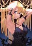  1girl absurdres armband armpits arms_up bangs black_dress blonde_hair blue_eyes blush breasts cleavage dress hands_in_hair highres kesuno large_breasts light_particles long_hair looking_at_viewer original smile solo 