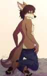  anthro asher blue_eyes brown_body brown_fur butt canid canine canis clothed clothing dice fur hi_res jackal jewelry male mammal necklace pants_down partially_clothed pawpads paws smile solo toes volp3 
