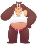  2020 anthro belly blush bottomwear brown_body brown_fur cade_(the_human_heart) clothed clothing cute_fangs eyes_closed fur leonthelionel male mammal nipples overweight overweight_anthro overweight_male shirt simple_background solo tank_top the_human_heart_(game) topwear underwear ursid video_games visual_novel white_background 