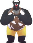  2020 anthro belly bottomwear bovid bovine cattle clothing eyes_closed leonthelionel male mammal overweight overweight_anthro overweight_male shirt shorts simple_background solo the_human_heart_(game) topwear tyler_(the_human_heart) video_games visual_novel white_background 