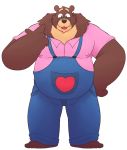  &lt;3 2020 anthro belly brown_body brown_fur cade_(the_human_heart) clothing cute_fangs fur leonthelionel male mammal overalls overweight overweight_anthro overweight_male shirt simple_background solo the_human_heart_(game) tongue tongue_out topwear ursid video_games visual_novel white_background 
