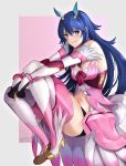  1girl absurdres black_shorts blue_eyes blue_hair boots closed_mouth cosplay fire_emblem fire_emblem_awakening gen&#039;ei_ibunroku_sharp_fe gloves hair_ornament high_heel_boots high_heels highres long_hair lucina_(fire_emblem) oribe_tsubasa oribe_tsubasa_(cosplay) ritence short_shorts shorts smile solo thigh_boots thighhighs 