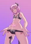  2020 absurd_res clothing colored_nails demon genitals girly gradient_background hair hej hi_res horn humanoid male nails not_furry panties panty_pull penis penis_base pink_hair simple_background solo spade_tail underwear womb_tattoo 