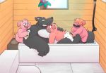  2020 anthro bathing bathroom black_body black_fur canid canine canis domestic_pig eyes_closed fur group inside leonthelionel male male/male mammal overweight overweight_male sitting suid suina sus_(pig) white_body white_fur wolf 