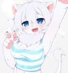  2020 anthro armpit_hair blue_eyes blush bodily_fluids body_hair breasts cleavage clothed clothing fangs felid female fur gesture hair kemono lion mammal mofuaki neck_tuft open_mouth pantherine pawpads paws raised_arm shirt solo sweat tank_top tongue topwear tuft v_sign white_body white_fur white_hair 