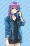  1girl bangs blue_eyes blue_hair blue_jacket breast_pocket closed_mouth collar collarbone earbuds earphones highres holding holding_earphones jacket looking_at_viewer multicolored_hair open_clothes open_jacket original pocket sidelocks single_earphone_removed solo somechime_(sometime1209) standing streaked_hair 