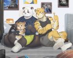  2020 anthro barazoku black_body black_fur black_nose bottomwear brown_body brown_fur cai1448331577 clothed clothing cricetid detailed_background felid food fur giant_panda group hamster hi_res humanoid_hands kemono male mammal nintendo nintendo_switch overweight overweight_male pantherine rodent shirt shorts sitting tank_top tiger topwear ursid video_games white_body white_fur 