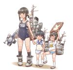  3girls adapted_costume bikini black_eyes black_hair black_legwear blue_swimsuit bokukawauso brown_eyes clenched_teeth commentary_request daitou_(kantai_collection) frilled_bikini frills fubuki_(kantai_collection) full_body green_eyes hiburi_(kantai_collection) highres holding_hands kantai_collection karasu_(naoshow357) kickboard kneehighs long_hair low_ponytail machinery multiple_girls name_tag ponytail sailor_bikini sailor_collar sarong school_swimsuit shirt short_hair short_ponytail sidelocks simple_background smokestack standing swimsuit t-shirt tan tanline teeth white_background white_legwear white_shirt 