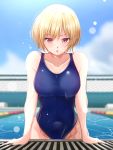  1girl :o arm_support bangs bare_arms blonde_hair blue_sky blush breasts cloud collarbone competition_swimsuit covered_navel eyebrows_visible_through_hair fence highres idolmaster idolmaster_shiny_colors k-chitsu large_breasts looking_at_viewer one-piece_swimsuit open_mouth outdoors pool poolside purple_eyes saijou_juri short_hair sky sleeveless solo swimsuit wet wet_clothes wet_hair wet_swimsuit 