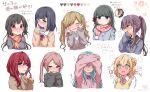  !? ... 6+girls ? @_@ ^_^ anzu_ame arms_up bangs black_hair black_sailor_collar black_shirt black_sweater blonde_hair blue_eyes blue_neckwear blush bow brown_cardigan brown_eyes brown_hair brown_scarf brown_sweater cardigan closed_eyes closed_mouth collared_shirt commentary_request cropped_torso crossed_arms double_bun dress_shirt ear_blush embarrassed eyebrows_visible_through_hair flying_sweatdrops fringe_trim full-face_blush green_eyes grey_sweater hair_bow hair_ornament hair_scrunchie hairclip hands_on_own_face hands_up heart long_sleeves multiple_girls neck_ribbon nose_blush open_mouth original parted_lips pink_cardigan pink_scrunchie ponytail red_bow red_eyes red_hair red_ribbon ribbon sailor_collar scarf scrunchie shirt silver_hair simple_background sleeves_past_wrists spoken_interrobang spoken_question_mark sweater sweater_vest swept_bangs translation_request trembling twintails upper_body wavy_mouth white_background white_sailor_collar white_shirt 