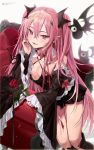  1girl 2020 absurdres bare_shoulders blush breasts cleavage dated detached_sleeves fang feet_out_of_frame flower freng hair_between_eyes highres krul_tepes long_hair long_sleeves open_mouth owari_no_seraph pink_eyes pink_hair rose simple_background smile solo vampire white_background 