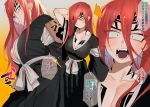  ! !! !? ... 1girl abarai_renji bleach blush breasts cleavage collarbone dotsuco eyes_visible_through_hair fangs genderswap genderswap_(mtf) hair_between_eyes large_breasts long_hair looking_at_viewer multiple_views open_mouth red_hair speech_bubble tattoo teeth thought_bubble tongue translation_request 