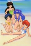  1990s_(style) 4girls barefoot beach bikini black_hair bow bracelet braid brown_hair casual_one-piece_swimsuit clothes_writing day double_bun eyebrows_visible_through_hair green_swimsuit hair_bow halterneck hand_on_another&#039;s_shoulder hand_on_own_leg hibiki_ryouga jewelry kneeling kuonji_ukyou long_hair looking_at_viewer multiple_girls nakajima_atsuko one-piece_swimsuit outdoors purple_hair ranma-chan ranma_1/2 red_bikini red_hair saotome_ranma shampoo_(ranma_1/2) short_hair sidelocks single_braid sitting smile swimsuit tendou_akane yellow_swimsuit 