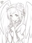  1girl angel_wings breasts closed_mouth dress eris_jerand flower hair_flower hair_ornament kiikii_(kitsukedokoro) long_hair looking_at_viewer monochrome simple_background solo star_ocean star_ocean_anamnesis star_ocean_first_departure white_background wings 