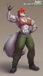  abs animal_humanoid anthro biceps blonde_highlights boots bottomwear breasts canid canid_humanoid canine canis cargo_pants claws clothed clothing delts devil_horns_(gesture) faogwolf female footwear fur gesture gloves gradient_background grey_body grey_fur hair hand_on_hip handwear hi_res highlights_(coloring) humanoid looking_at_viewer mammal mammal_humanoid muscular muscular_female pants pose red_eyes red_hair shirt shredded simple_background solo standing tank_top tomboy topwear wolf 