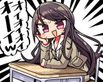  1girl :d arm_support bangs black_hair blush_stickers brown_jacket brown_skirt chair chibi collared_shirt desk dress_shirt eyebrows_visible_through_hair formal gundou_mirei head_in_hand jacket kanikama long_hair long_sleeves looking_at_viewer lowres nijisanji on_chair open_mouth purple_eyes school_chair school_desk shirt sitting skirt smile solo suit sweat translation_request very_long_hair virtual_youtuber white_background white_shirt 
