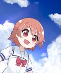  1girl :d bangs blue_sky blush bow brown_hair child cloud commentary day eyebrows_visible_through_hair fang highres hoshino_hinata ixia_(ixia424) medium_hair open_mouth red_bow red_eyes sailor_collar school_uniform shirt sky smile solo upper_body watashi_ni_tenshi_ga_maiorita! white_sailor_collar white_shirt 