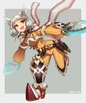  1girl :d animal_ears bodysuit boots cat_ears chakram dual_wielding facial_mark fang flat_chest full_body gloves grey_background hey_cre highres holding niyah open_mouth scarf short_hair silver_hair smile solo weapon white_gloves xenoblade_(series) xenoblade_2 yellow_bodysuit yellow_eyes 