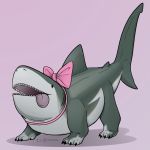  accessory ambiguous_gender canid canine canis domestic_dog female_(lore) feral fish grey_body grey_skin hair_accessory hair_bow hair_ribbon hi_res hybrid mammal marine nekoama purple_background ribbons shark sharp_teeth simple_background solo teeth tongue tongue_out 