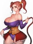  1girl bare_shoulders breasts brown_hair cleavage covered_nipples dragon_quest dragon_quest_viii earrings fumio_(rsqkr) highres huge_breasts jessica_albert jewelry large_breasts leotard lips long_hair looking_at_viewer purple_leotard red_eyes red_skirt simple_background skirt solo thick_thighs thighs twintails whip white_background 