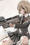  1girl artist_name bangs black_jacket black_skirt blood blood_on_face bloody_clothes brown_eyes brown_hair bullpup closed_mouth collared_shirt commentary_request girls_frontline gun gunslinger_girl henrietta_(gunslinger_girl) holding holding_gun holding_weapon jacket long_sleeves looking_at_viewer neck_ribbon nekoya_(liu) open_clothes open_jacket p90 pleated_skirt ribbon shell_casing shirt short_hair signature skirt solo submachine_gun trigger_discipline weapon white_ribbon white_shirt 