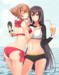 2girls adapted_costume ass bikini black_hair breasts brown_hair closed_mouth collarbone cowboy_shot cup drink drinking_glass drinking_straw green_eyes groin hair_between_eyes holding holding_cup kantai_collection kasumi_(skchkko) large_breasts long_hair long_sleeves multiple_girls mutsu_(kantai_collection) nagato_(kantai_collection) navel one_eye_closed red_bikini red_eyes short_hair smile swimsuit 
