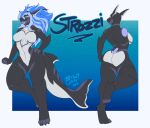  2018 anthro black_body blue_hair breasts butt claws fangs female fish hair marine multicolored_body non-mammal_breasts open_mouth open_smile shark simple_background smile solo tattoorexy tongue two_tone_body white_body 
