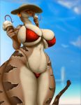  absurd_res anthro bikini breasts cleavage clothed clothing dairy_products derangedrake female flower food hat headgear headwear hi_res midriff non-mammal_breasts pit_viper plant rattlesnake reptile scalie snake solo swimwear thick_thighs tight_clothing tongue viper 