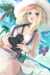  1girl :d bikini blonde_hair blue_sky blush breasts bug butterfly camera choker cleavage cloud collarbone e-co floral_print gen_6_pokemon green_eyes hat holding holding_camera insect large_breasts nail_polish ocean open_mouth outdoors palm_tree pokemon pokemon_(game) pokemon_xy sarong see-through sidelocks sky sleeveless sling smile sun_hat swimsuit tree viola_(pokemon) vivillon water white_bikini white_choker white_headwear white_sarong wristband 